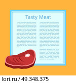 Tasty Meat Poster with Text Vector Illustration. Tasty meat poster demonstrating piece of well-done ham and sample text of bluish color vector illustration isolated on orange background. Стоковая иллюстрация, агентство Ingram Publishing / Фотобанк Лори