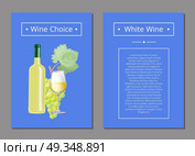 White Wine Choice with Text Vector Illustration. White wine choice brochures representing bottle, glass and grapes and title with text sample in frame vector illustration isolated on blue. Стоковая иллюстрация, агентство Ingram Publishing / Фотобанк Лори
