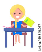 Learning Banner with Blonde Girl with Textbook. Blonde girl with textbooks sits at deskisolated on white background. Vector illustration of begginer on 1st of September, back to school concept. Стоковая иллюстрация, агентство Ingram Publishing / Фотобанк Лори