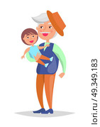 Middle-aged Man with Grandson in Hands Vector. Middle-aged man with grandson in hands vector illustration isolated on white. Mature gentleman in hat with little boy, grandpa and child. Стоковая иллюстрация, агентство Ingram Publishing / Фотобанк Лори