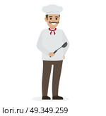Chef Food in White Tunic and Toque Holds Ladle. Chef food with twisted mustache in white tunic and toque holds black soup ladle close-up isolated on white vector illustration. Стоковая иллюстрация, агентство Ingram Publishing / Фотобанк Лори