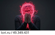 A person wrapped in red threads, symbolizing anxiety and emotional entanglement. Человек, обмотанный красными нитями, символизирующий беспокойство и эмоциональную запутанность. Стоковое AI-изображение, AI-художник Katsiaryna Repich / Фотобанк Лори