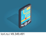 GPS Navigation Interface with Location on Phone. Gps navigator interface with city map and location on smartphone. Black phone with three buttons isolated on blue. Whereabouts marked with red dot. Vector illustration flat design cartoon style. Стоковая иллюстрация, агентство Ingram Publishing / Фотобанк Лори