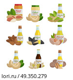 Set of Butter and Nut Oil Vector Illustrations.. Set of butter and nut oil vector illustrations. Flat design. Healthy food, diet and cosmetic products. Seasoning. Culinary ingredient, source of protein, vitamins, fatty acids. Isolated on white. Стоковая иллюстрация, агентство Ingram Publishing / Фотобанк Лори
