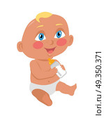 Baby Sitting on the Floor with a Bottle.. Baby sitting on the floor with a bottle. New born child. Education of a child during the first year. Parenthood concept. Nursery, education at home. Part of series of lifelong learning. Vector. Стоковая иллюстрация, агентство Ingram Publishing / Фотобанк Лори