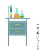 Table with Chemical Reagents. Chemical laboratory. Workplace. Lab glassware kit on table, chemical tools. Table with chemical reagents. Lab worker table chemical research process. Isolated vector illustration on white background. Стоковая иллюстрация, агентство Ingram Publishing / Фотобанк Лори