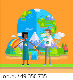 Smiling man and woman holding hands on planet Earth and nature background. Ecologist, environmentalist, nature protection activist or volunteer illustration. Flat design. International earth day.. Earth Day Celebrating Concept Vector Illustration.. Earth Day Celebrating Concept Vector Illustration. Стоковая иллюстрация, агентство Ingram Publishing / Фотобанк Лори