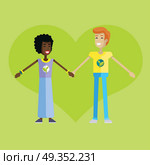 Smiling man and woman with branch and leaves emblem on clothes, standing and holding hands. Ecologist, environmentalist, nature protection activist or volunteer illustration. Flat design. Earth day.. Earth Day Celebrating Concept Vector Illustration.. Earth Day Celebrating Concept Vector Illustration. Стоковая иллюстрация, агентство Ingram Publishing / Фотобанк Лори