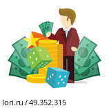 Gambling concept vector in flat style. Dice, money, croupier, winner, gold cions illustrations for gambling industry, sport lottery services, icons, web pages, logo design. On white background.   . Gambling Concept Vector Flat style Illustration. Gambling Concept Vector Flat style Illustration. Стоковая иллюстрация, агентство Ingram Publishing / Фотобанк Лори