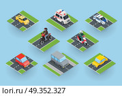 Public Transportation. Traffic Items Collection. Public transportation. Traffic items collection on the road. Car motorbike ambulance taxi moped police car. City service transport icons. Part of series of city isometric. Vector illustration. Стоковая иллюстрация, агентство Ingram Publishing / Фотобанк Лори