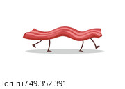 Bacon Running Away Isolated on White. Funny Food. Bacon running away isolated on white. Funny food story conceptual banner. Fresh cooked meat character in cartoon style. Happy meal for children. For childish menu poster. Vector design illustration. Стоковая иллюстрация, агентство Ingram Publishing / Фотобанк Лори