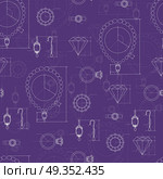 Jewelry Production Sketch Seamless Pattern.. Jewelry production sketch seamless pattern. Hand drawn sketch of ring, necklace, earrings, precious stone. Draft outline of diamond units collection. Project of brilliant elements. Vector. Стоковая иллюстрация, агентство Ingram Publishing / Фотобанк Лори
