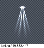 Illumination with Light Effects on Transparency. Illumination with bright light effects on transparent plaid background. Lighting with spotlights. Scene stage disco spotlight lights. Projectors light sources. Glowing glitter. Bright sparkle. Vector. Стоковая иллюстрация, агентство Ingram Publishing / Фотобанк Лори