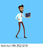 Business Progress Success Concept Illustration.. Business success illustration. Flat Design. Growth of value indexes. Good day on the stock exchange concept. Happy smiling man with tablet enjoying his success. Modern online trading technology. Стоковая иллюстрация, агентство Ingram Publishing / Фотобанк Лори
