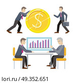Investment and business planing vector concepts. Flat style. Man rolls giant gold dollar coin. Partners discuss financial results. Income, loan, savings, wages illustration for business concepts.. Investment and Business Planing Vector Concepts . Investment and Business Planing Vector Concepts . Стоковая иллюстрация, агентство Ingram Publishing / Фотобанк Лори