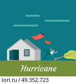Hurricane Destroying House and Killing Man. Hurricane destroying house and killing man. Natural disaster. Deadly strong wind near house ruins everything. Hurricane damages village cottage. Catastrophe caused by strong wind. Vector illustration. Стоковая иллюстрация, агентство Ingram Publishing / Фотобанк Лори