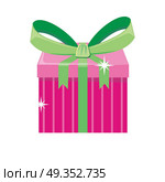Christmas Pink Gift Box with Green Bow. Christmas pink gift box with green bow isolated. Cartoon present in xmas holiday concept. Gift box surprise for anniversary or birthday. Funny illustration for children holiday celebration. Vector. Стоковая иллюстрация, агентство Ingram Publishing / Фотобанк Лори