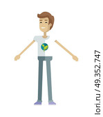 Smiling man with branch and leaves emblem on clothes, standing as part of human chain. Ecologist, environmentalist, nature protection activist or volunteer illustration. Flat design. Earth day.. Young Ecologist Character Vector Illustration.. Young Ecologist Character Vector Illustration. Стоковая иллюстрация, агентство Ingram Publishing / Фотобанк Лори