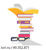 Reading Books Concept Vector In Flat Design.. Reading books vector concept. Flat design. Stack of books with bright covers and glasses beside. Self-education and literature reading concept. Knowledge and erudition. Isolated on white background. . Стоковая иллюстрация, агентство Ingram Publishing / Фотобанк Лори