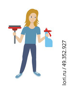 Cleaning Service Flat Style Vector Web Banner. Cleaning service conceptual vector web banner. Flat style. Smiling woman with sprayer and wiper. Illustration with play button for housekeeping online services, sites, video, corporate animation. Стоковая иллюстрация, агентство Ingram Publishing / Фотобанк Лори