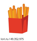 French Fries Isolated on White. Crispy Potatoes. French fries isolated on white. Crispy potatoes in red paper bag. Junk unhealthy food. Consumption of high calories nourishment fast food. Part of series of promotion healthy diet and good fit. Vector. Стоковая иллюстрация, агентство Ingram Publishing / Фотобанк Лори