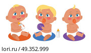 Set of Babies Playing in Flat Style.. Set of babies playing in flat style. New born child. Education of a child during the first year. Parenthood concept. Nursery, education at home. Part of series of lifelong learning. Vector. Стоковая иллюстрация, агентство Ingram Publishing / Фотобанк Лори