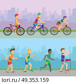 Sport recreation banners. Different competitions. Sport recreation banners. Running competition. Bicycle tournaments. Runners near finish. Best wins the race. Active men sign symbol icons. Healthy way of life sport concept. Racing. Athletics. Vector. Стоковая иллюстрация, агентство Ingram Publishing / Фотобанк Лори