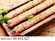 Kebab of lamb with herbs. Raw turkish traditional dish meat kebab with herbs and spices.Caucasian kitchen. Стоковое фото, агентство Ingram Publishing / Фотобанк Лори