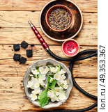Oriental tobacco hookah with floral jasmine aroma. Smoke hookah with jasmine floral scent.Shisha concept.Modern hookah. Стоковое фото, агентство Ingram Publishing / Фотобанк Лори