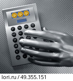 calculator with bitcoin btc coin and futuristic hand. calculator with bitcoin btc coin and futuristic silver hand. Стоковое фото, агентство Ingram Publishing / Фотобанк Лори