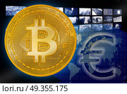 Bitcoin BTC against Euro symbol. Bitcoin BTC against Euro symbol cryptocurrency background of my own copyright. Стоковое фото, агентство Ingram Publishing / Фотобанк Лори