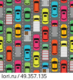 Seamless Pattern Cars on Parking. Endless Texture. Seamless pattern with cars on parking. Endless texture with different kinds of automobiles. Wallpaper design with transport vehicles. Parking lot or car park. Large number of cars in crowded parking. Vector. Стоковая иллюстрация, агентство Ingram Publishing / Фотобанк Лори