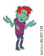 Zombie Character Sticker. Fictional Being. Zombie memphis character isolated on white. Fictional being hesitating. Zombie sticker with patch fashion pins. Horror fantasy concept. Halloween science fiction man in flat style. Vector. Стоковая иллюстрация, агентство Ingram Publishing / Фотобанк Лори