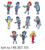 Zombie Fictional Undead Beings Fantastic Character. Zombie sticker with patch fashion pins fictional undead beings set. Created by reanimation of human. Science fiction cartoon in flat style. Radiation, mental diseases, viruses, scientific accidents. Стоковая иллюстрация, агентство Ingram Publishing / Фотобанк Лори