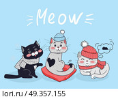 Funny cats vector concept. Flat Design. Three cute black and grey cats in scarfs and warm hats sitting, lying and dreaming about mouse on blue background with meow text. Winter clothes for pets  . Funny Cats Vector Concept in Flat Design. Funny Cats Vector Concept in Flat Design. Стоковая иллюстрация, агентство Ingram Publishing / Фотобанк Лори