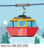 Cable car vector illustration. Flat design. Cab for people transportation on ropeway, winter mountain landscape in background. Cold season entertainments and outdoor activity. For ski resort ad. Cable Car Vector Illustration in Flat Design. Cable Car Vector Illustration in Flat Design. Стоковая иллюстрация, агентство Ingram Publishing / Фотобанк Лори