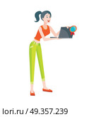 Woman Buys Notebook at Discount Price Illustration. Woman buys notebook at discount price. Illustration in flat style design. Household appliances sale. Best price on laptops. PC with clamshell, alphanumeric keyboard and thin LCD or LED screen. Vector. Стоковая иллюстрация, агентство Ingram Publishing / Фотобанк Лори