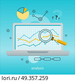 Laptop with Magnifier and Diagram on Screen. Laptop with magnifier and diagram on screen. Laptop with infographics on blue background. Concept of online business, commerce, statistics, information analysis. Business background. Illustration. Стоковая иллюстрация, агентство Ingram Publishing / Фотобанк Лори
