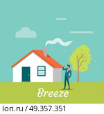 Breeze Gentle Wind Blowing on Young Man. Vector. Breeze gentle wind blowing on young man. Male standing near cottage house near tree while wind blows on his. Land breeze. Cool wind from the sea. Recreation near native home. Vector illustration. Стоковая иллюстрация, агентство Ingram Publishing / Фотобанк Лори