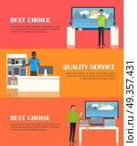 Banner of Shop Specialized on Selling Electronics.. Best choice. Banner of shop specialized on selling electronic equipment. Mobile phones, display devices laptops gadgets smartphones computers. Sale of digital units. Shop assistant offers help. Vector. Стоковая иллюстрация, агентство Ingram Publishing / Фотобанк Лори