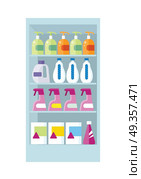 Shelve in shop with household chemicals vector. Assortment of household cleaners and cosmetics section in supermarket. Illustration for stores ad, shopping and merchandising concepts.   . Shelves with Household Chemicals Illustration.. Shelves with Household Chemicals Illustration. Стоковая иллюстрация, агентство Ingram Publishing / Фотобанк Лори