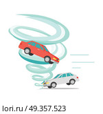 Tornado Twisted Car, Ruined Everything. Vector. Tornado twisted red car icon. White car stands on ground. Tornado ruins everything. Natural disaster. Deadly strong wind damages machines and nature. Catastrophe with whirlwind. Vector illustration. Стоковая иллюстрация, агентство Ingram Publishing / Фотобанк Лори