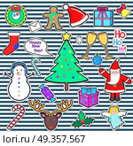 Set of Happy New Year and Merry Christmas Elements. Set of Happy New Year and Merry Christmas elements. Icons can be cut out of paper. Xmas tree, snowman, Santa Claus, deer, candy stick, present, gift, angel, speech bubble in flat style. Vector. Стоковая иллюстрация, агентство Ingram Publishing / Фотобанк Лори