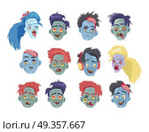 Zombies Heads Flat Vector Illustration Collection. Zombies heads collection. Variety faces of undead monsters with love, sadness, anger, fun, confusion, joy emotions flat vector illustrations set isolated on white background. For halloween concepts. Zombies Heads Flat Vector Illustration Collection. Стоковая иллюстрация, агентство Ingram Publishing / Фотобанк Лори