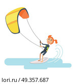 Woman Takes Part at Kite Surfing Spain Festival. Woman takes part at kite surfing Spain festival isolated on white. Kitesurfing is style of kiteboarding. Girl windsurfing on water surface with air kite. Water sport vector illustration in flat style. Стоковая иллюстрация, агентство Ingram Publishing / Фотобанк Лори