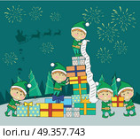Christmas Elves Packing Presents Gift Boxes. Christmas elves packing presents gift boxes according to wish list. Fireworks and santa with reindeers in sky on snowy background. Magic eve. New year and xmas concept. Cartoon flat style. Vector. Стоковая иллюстрация, агентство Ingram Publishing / Фотобанк Лори