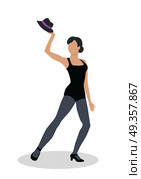 Jazz Dancer in Black Tights Launches with Hat. Jazz dancer in black tights launches with a hat. Dance to jazz music, including both tap dance and jitterbug. Graceful girl dance in tight cloth. Culture and entertainment. Vector illustration. Стоковая иллюстрация, агентство Ingram Publishing / Фотобанк Лори