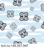 Flying Drones Seamless Pattern Vector Illustration. Flying drones seamless pattern vector. Flat design. Drones with four propellers and mounted camera maneuvering in the sky. Modern technology. For wrapping paper, printing on fabric, web pages design. Стоковая иллюстрация, агентство Ingram Publishing / Фотобанк Лори