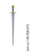 Steel Sword in Flat. Steel sword in flat. Cartoon medieval sword. Weapon of knight. Sword steel weapon. Military medieval sword icon. Game object in flat design isolated on white background. Vector illustration. Стоковая иллюстрация, агентство Ingram Publishing / Фотобанк Лори