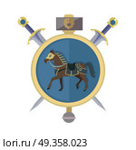 Brown Horse in Gold Circle. Isolated Avatar Icon. Brown horse in gold circle. Isolated avatar icon with swords. Steady strong horse. Stylized fantasy character. War concept. Part of series of game objects in flat design. Vector illustration. Стоковая иллюстрация, агентство Ingram Publishing / Фотобанк Лори